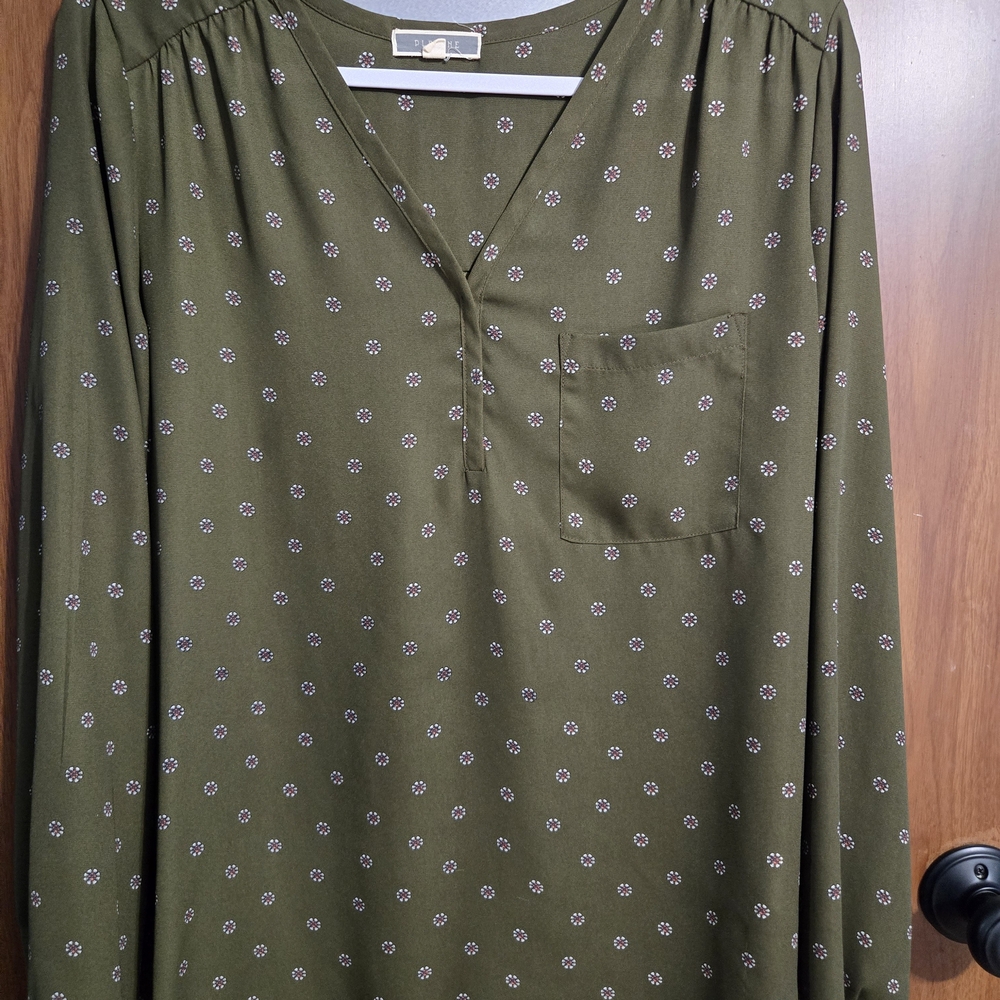 Pleione Olive Floral V-Neck Blouse
